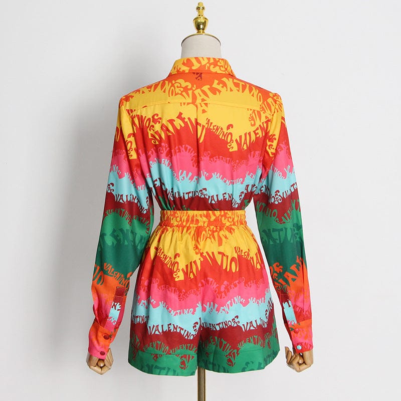 Vestidos Casuales Personality Street Style Color Stitching Suit 2022 Autumn New Lapel Printed Shirt + Printed Shorts