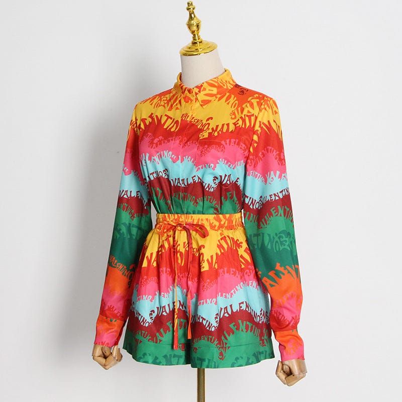 Vestidos Casuales Personality Street Style Color Stitching Suit 2022 Autumn New Lapel Printed Shirt + Printed Shorts