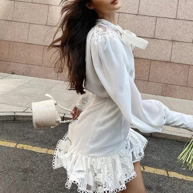 Vestidos Casuales Puff Sleeve Slim Short Dress 2022 Spring And Summer New Neckline Tie Ruffle Stitching Dress