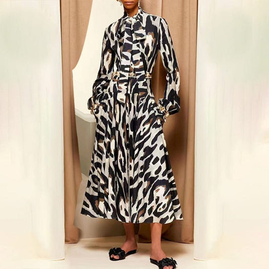 Vestidos De Mujer Smudge Print Long Dresses 2022 Autumn New Fashion Lace Up Long-Sleeved Single-breasted Ruffle Dress