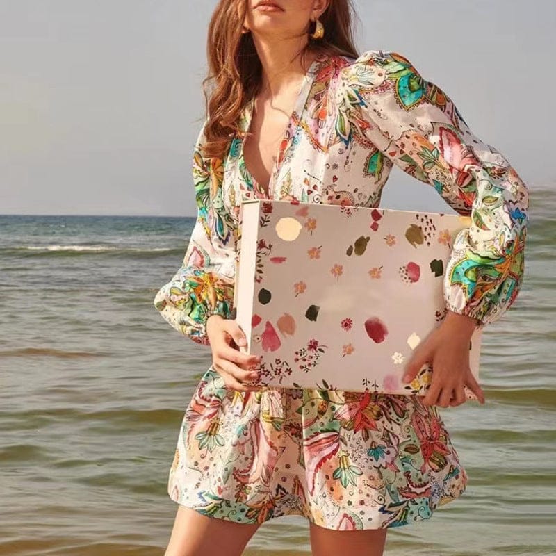 Vestidos Verano Holiday Style Elegant Short Dress 2022 Autumn New V-neck Printed Long-sleeved Waistless Fashion Dress