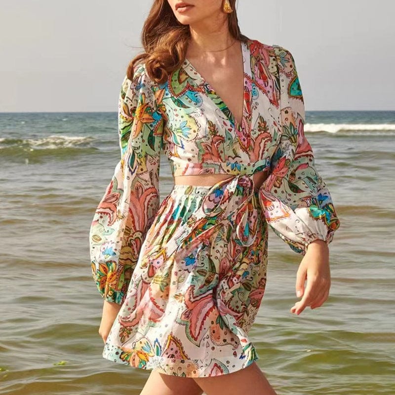 Vestidos Verano Holiday Style Elegant Short Dress 2022 Autumn New V-neck Printed Long-sleeved Waistless Fashion Dress