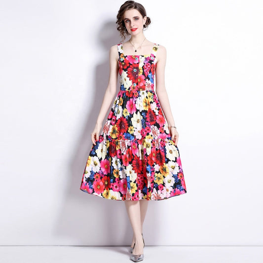 Vestito Donna 2022 Vintage Print Floral Casual Basic Halter Dress Women Colorblock Sleeveless High Waist Spring Dresses