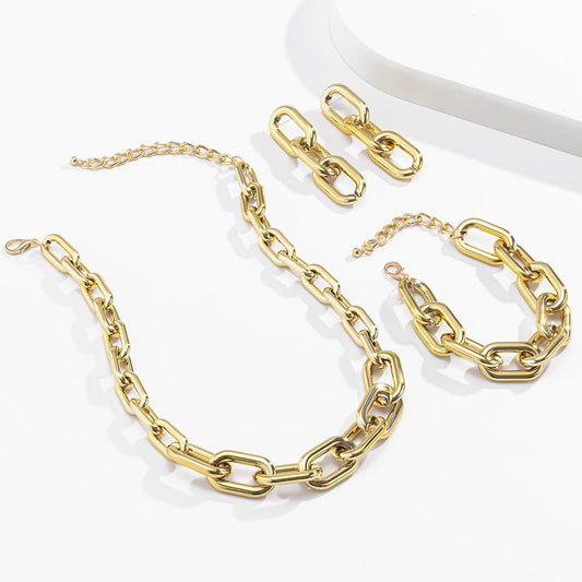 Vintage / 1 High Quality Vintage Silver Gold-plated Necklace Bracelet Earrings Womens Cuban Chain Jewelry Set For Gift