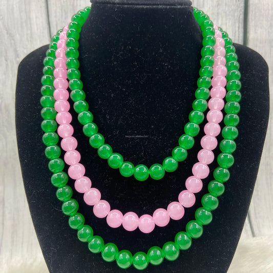 vintage / 20inches / necklace Pink Green Manto Green Monalise Stone Three Layers Necklace Gemstone For Jewelry Gift