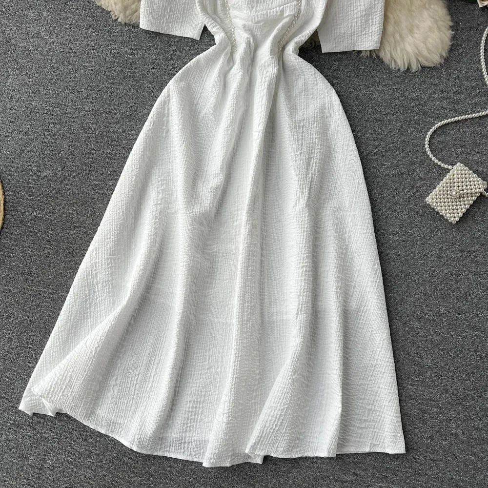 Vintage Audrey Hepburn Dress Women Ball Gown With Lining Midi Dress Square Collar Slim Waist Side Zipper Puff Sleeve