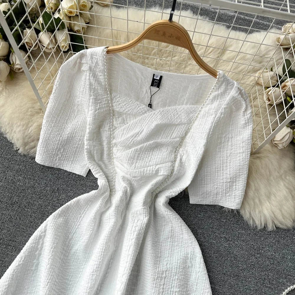 Vintage Audrey Hepburn Dress Women Ball Gown With Lining Midi Dress Square Collar Slim Waist Side Zipper Puff Sleeve