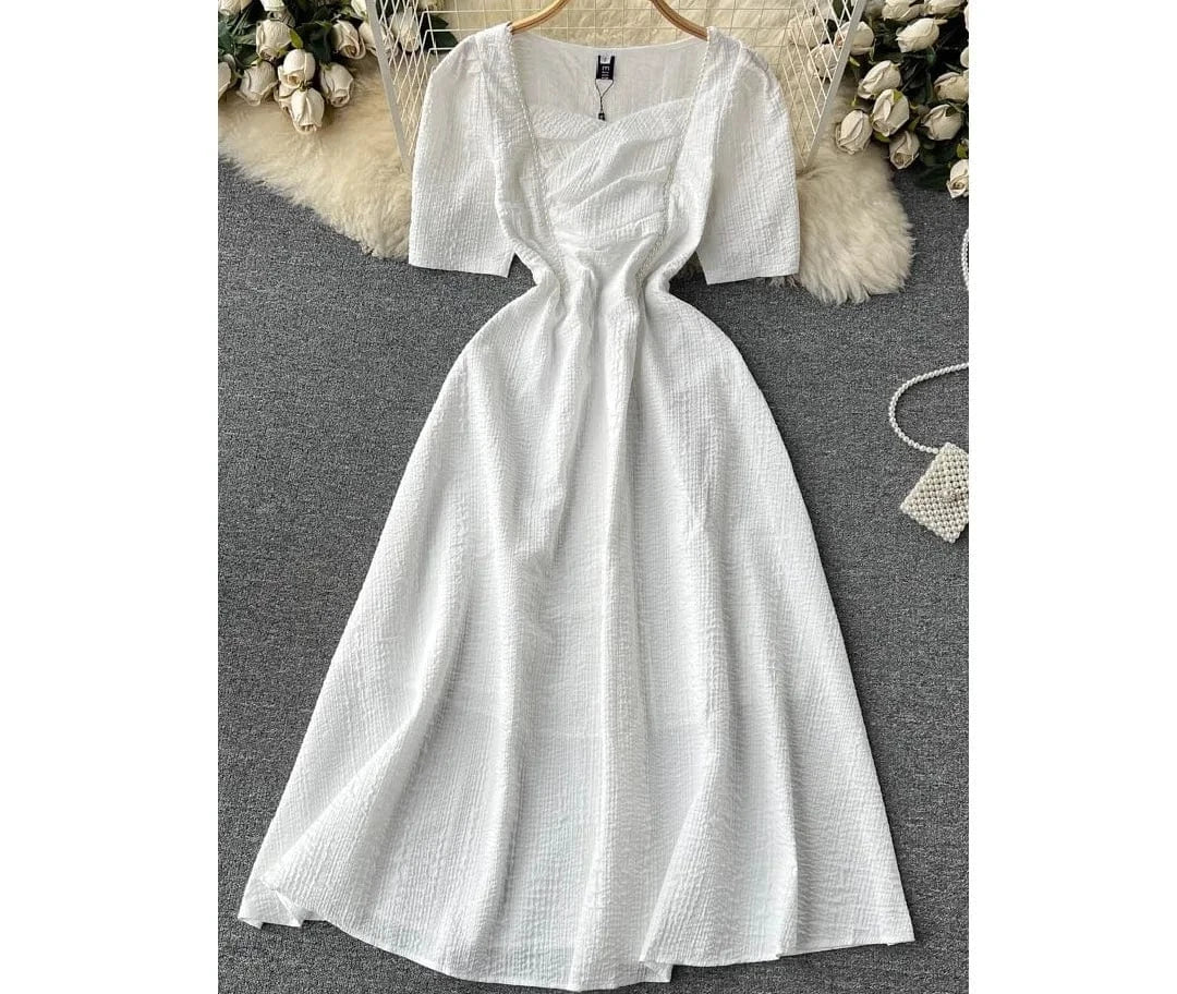 Vintage Audrey Hepburn Dress Women Ball Gown With Lining Midi Dress Square Collar Slim Waist Side Zipper Puff Sleeve