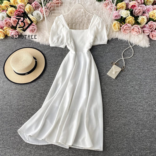 Vintage Audrey Hepburn Dress Women Ball Gown With Lining Midi Dress Square Collar Slim Waist Side Zipper Puff Sleeve D13414X