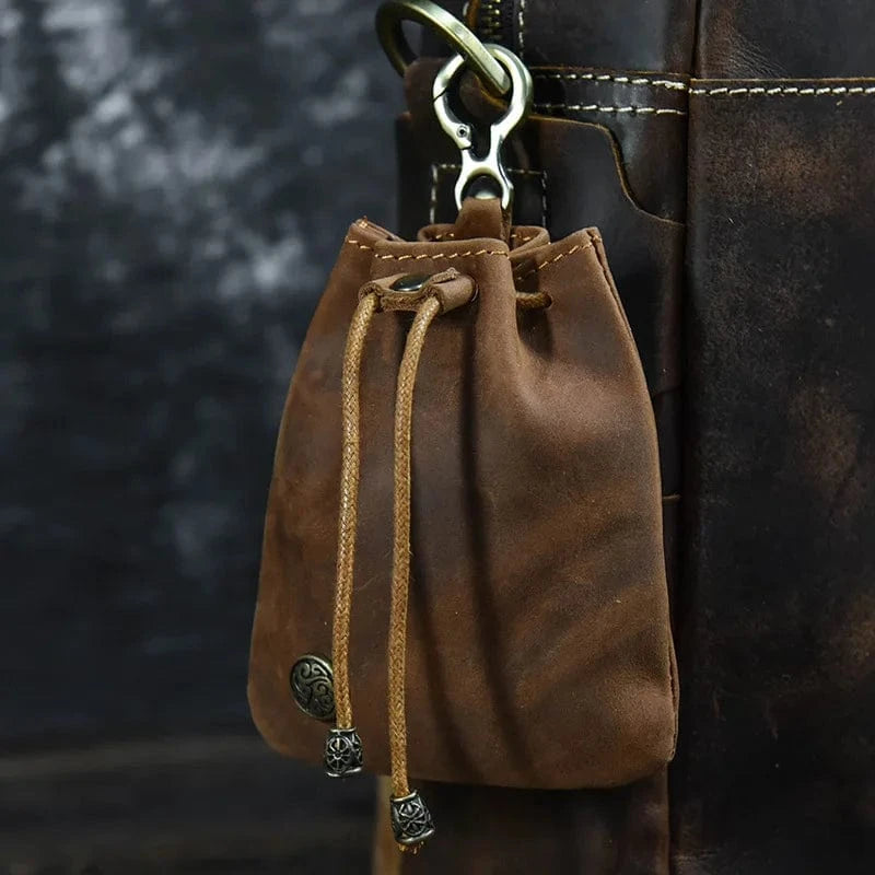 Vintage Drawstring Bag  Genuine Leather Coin Purse Pouch With Buckle For Men and Women