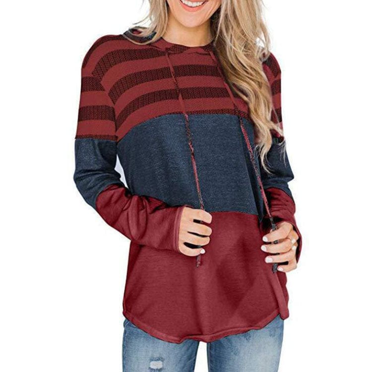 Vintage Patchwork Women's Loose T-shirt Autumn Casual Long Sleeve Pullover Hooded T Shirts for Women