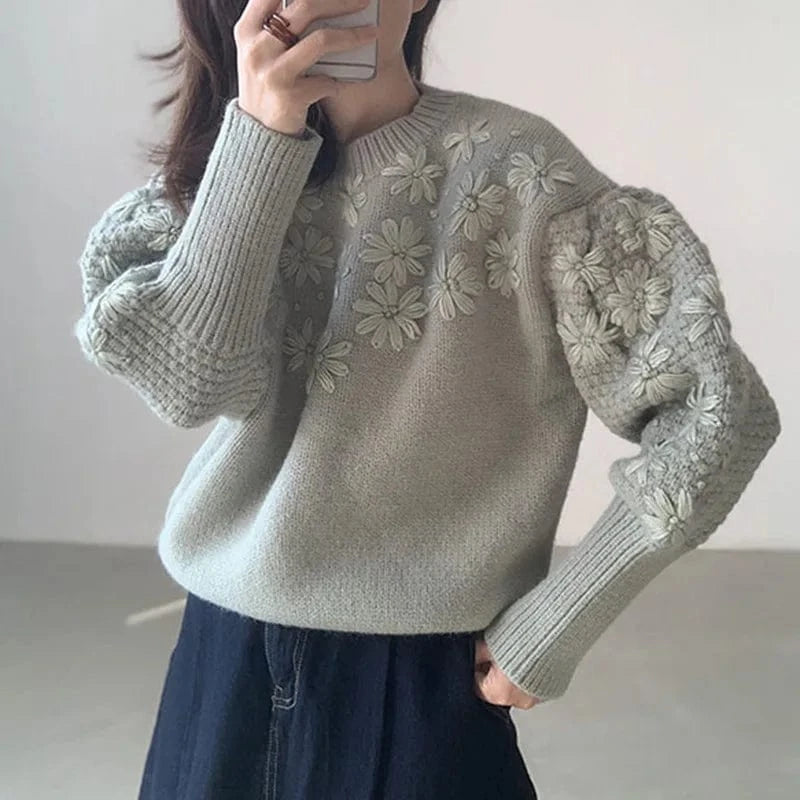 Vintage Round Neck Heavy Three-dimensional Embroidery Daisy Loose Casual Lantern Sleeve Sweater