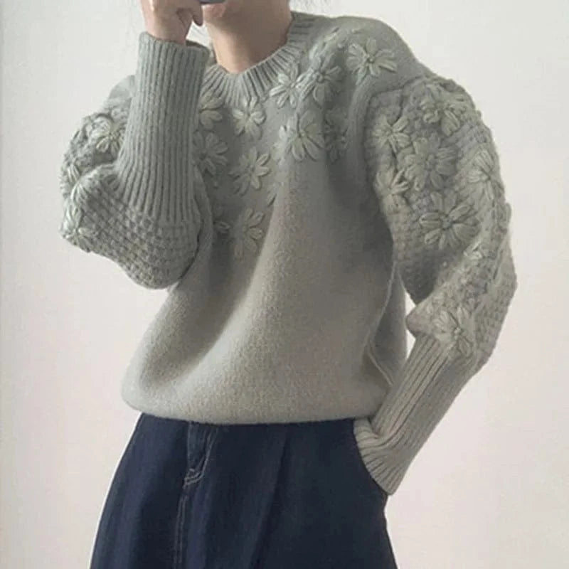 Vintage Round Neck Heavy Three-dimensional Embroidery Daisy Loose Casual Lantern Sleeve Sweater
