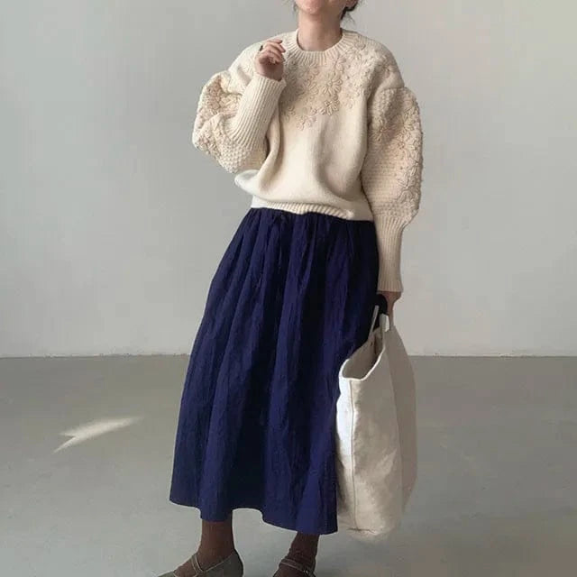 Vintage Round Neck Heavy Three-dimensional Embroidery Daisy Loose Casual Lantern Sleeve Sweater