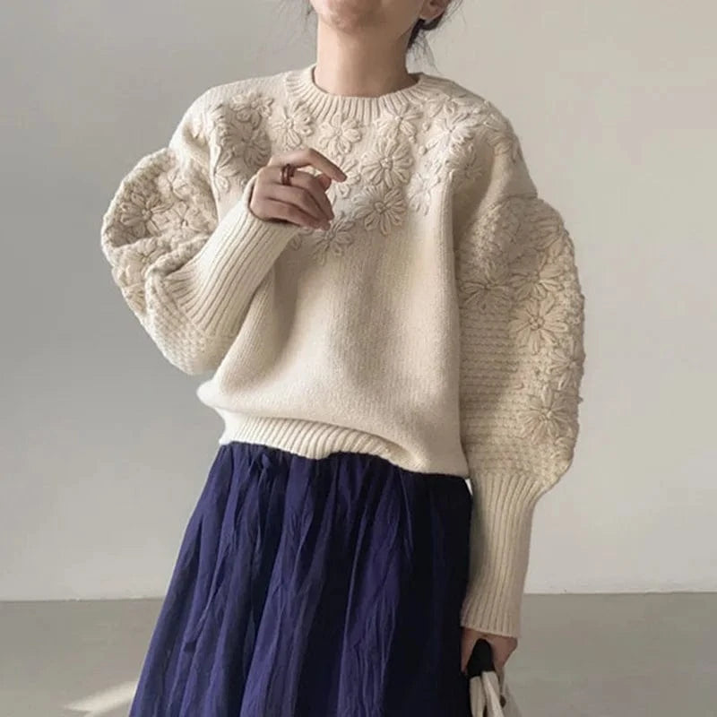 Vintage Round Neck Heavy Three-dimensional Embroidery Daisy Loose Casual Lantern Sleeve Sweater
