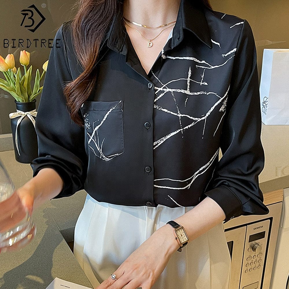 Vintage Women's Long Sleeve Shirts Turn Down Collar Geometry Printing Workwear Office Blouses Shirt Fall Spring 2022