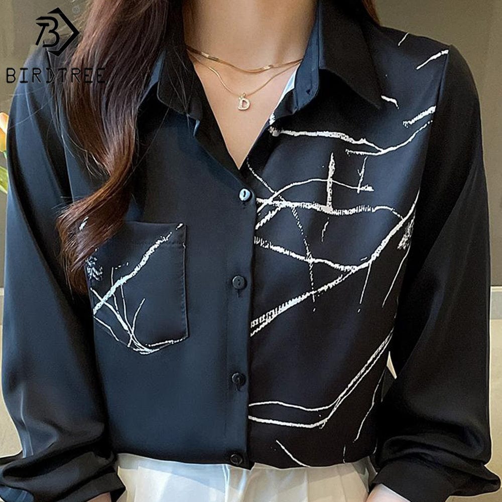 Vintage Women's Long Sleeve Shirts Turn Down Collar Geometry Printing Workwear Office Blouses Shirt Fall Spring 2022
