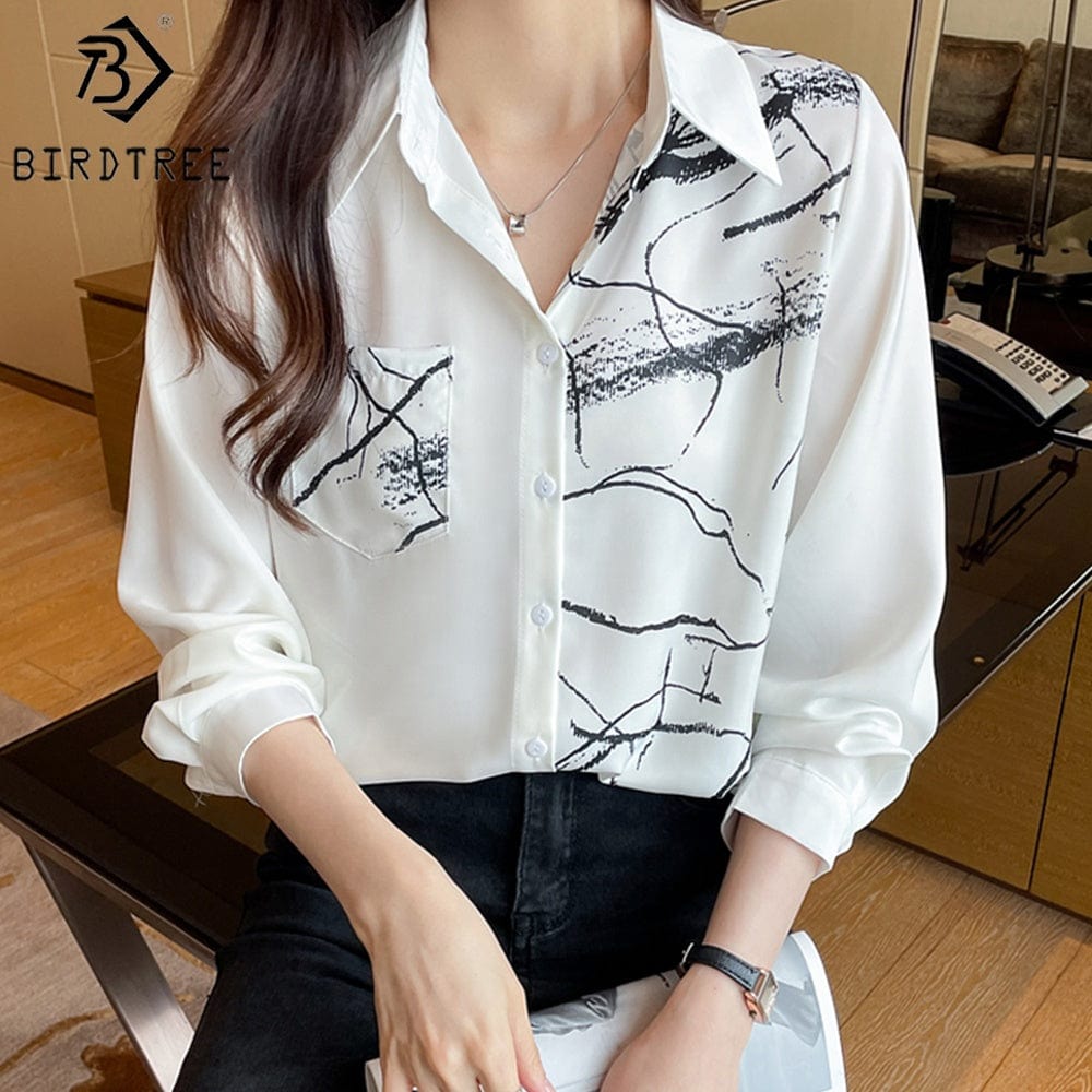 Vintage Women's Long Sleeve Shirts Turn Down Collar Geometry Printing Workwear Office Blouses Shirt Fall Spring 2022