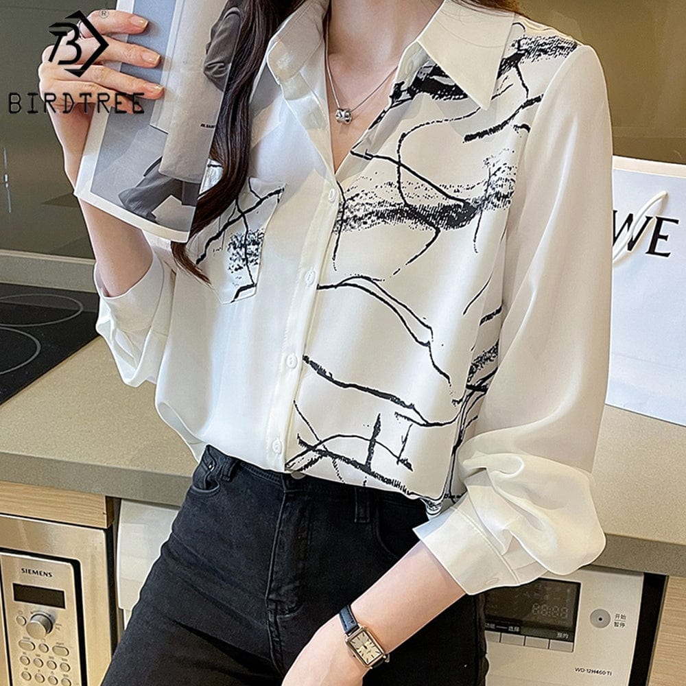 Vintage Women's Long Sleeve Shirts Turn Down Collar Geometry Printing Workwear Office Blouses Shirt Fall Spring 2022