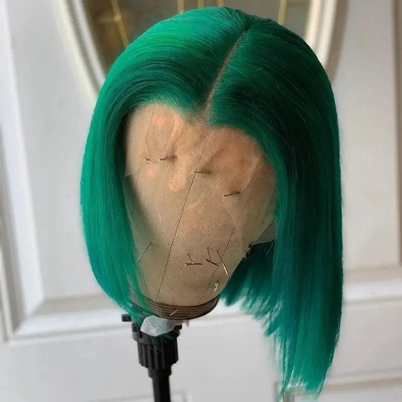Virgin Human Hair Bob Wigs Frontal With Baby Hair Silky Straight Green Color Pre Plucked Pixie Cut Lace Front Wigs.