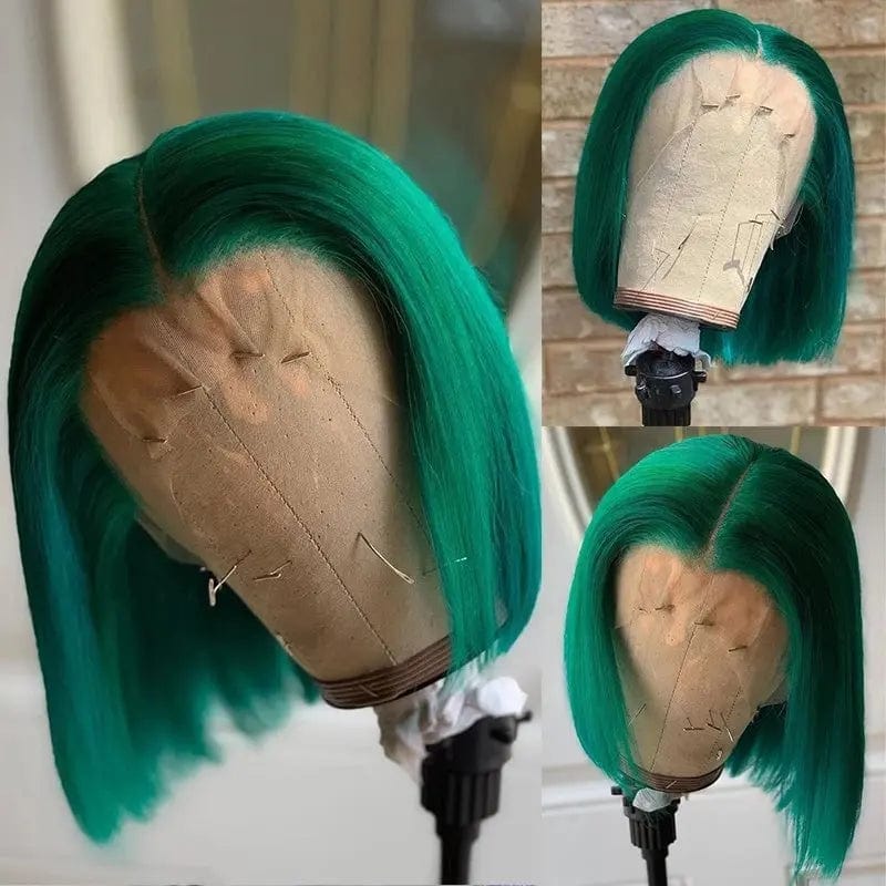 Virgin Human Hair Bob Wigs Frontal With Baby Hair Silky Straight Green Color Pre Plucked Pixie Cut Lace Front Wigs.