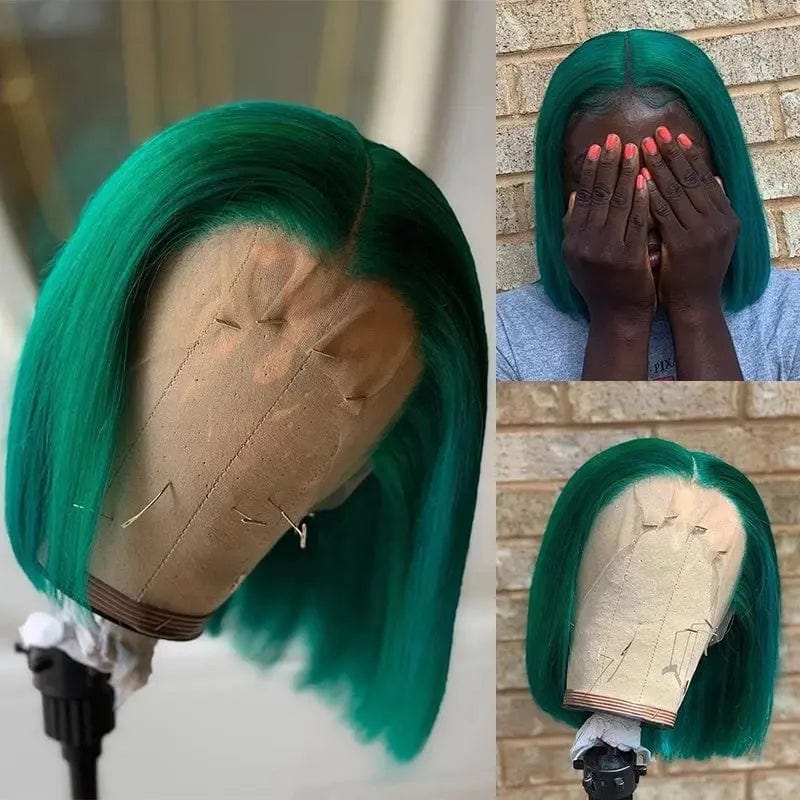 Virgin Human Hair Bob Wigs Frontal With Baby Hair Silky Straight Green Color Pre Plucked Pixie Cut Lace Front Wigs.