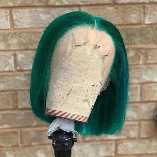 Virgin Human Hair Bob Wigs Frontal With Baby Hair Silky Straight Green Color Pre Plucked Pixie Cut Lace Front Wigs.