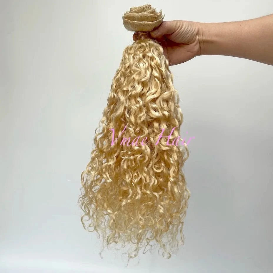 VMAE Wholesale Russian Raw Cuticle Aligned 613 Blonde 3B 3C Deep Curly Virgin Hair Clip In Extensions 100human Hair