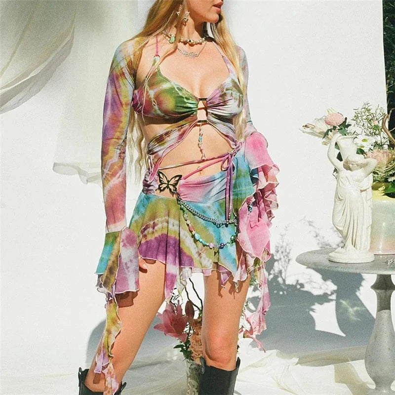 W-S1095A Women Butterfly Shape Mini Skirts Irregular Drawstring Ruffles Skirts 3pcs Set Summer Outfits