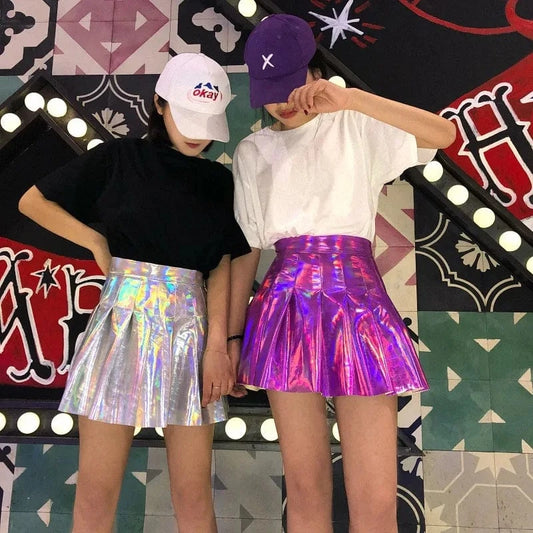 W-S1136A Shiny Holographic Pleated Skirts Women PU Solid Laser Hight Waist Mini Short Skirt Sexy Clubwear