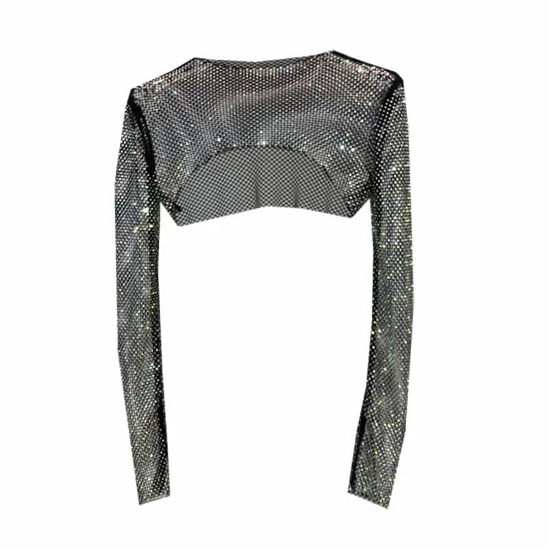 W-S1141A Women Colorful Rhinestones Long Sleeve Crop Top Glitter Drill Shawls Shrug See Through Fishnet Cover Up Clubwear