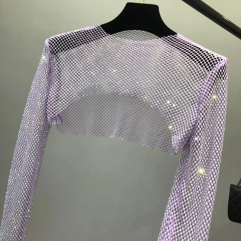 W-S1141A Women Colorful Rhinestones Long Sleeve Crop Top Glitter Drill Shawls Shrug See Through Fishnet Cover Up Clubwear