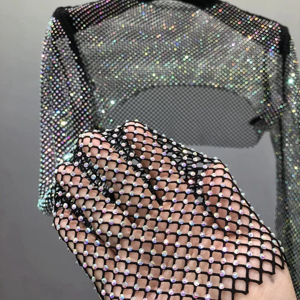 W-S1141A Women Colorful Rhinestones Long Sleeve Crop Top Glitter Drill Shawls Shrug See Through Fishnet Cover Up Clubwear