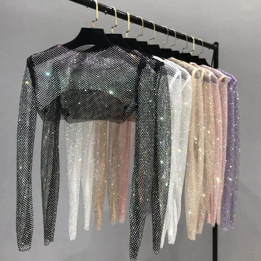 W-S1141A Women Colorful Rhinestones Long Sleeve Crop Top Glitter Drill Shawls Shrug See Through Fishnet Cover Up Clubwear