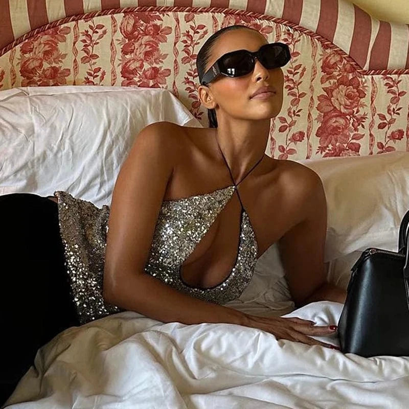 W-S1146A Sparkle Silver Sequin Tanks & Camis Sexy Party Night Club Backless Hollow Cross Halter Crop Top