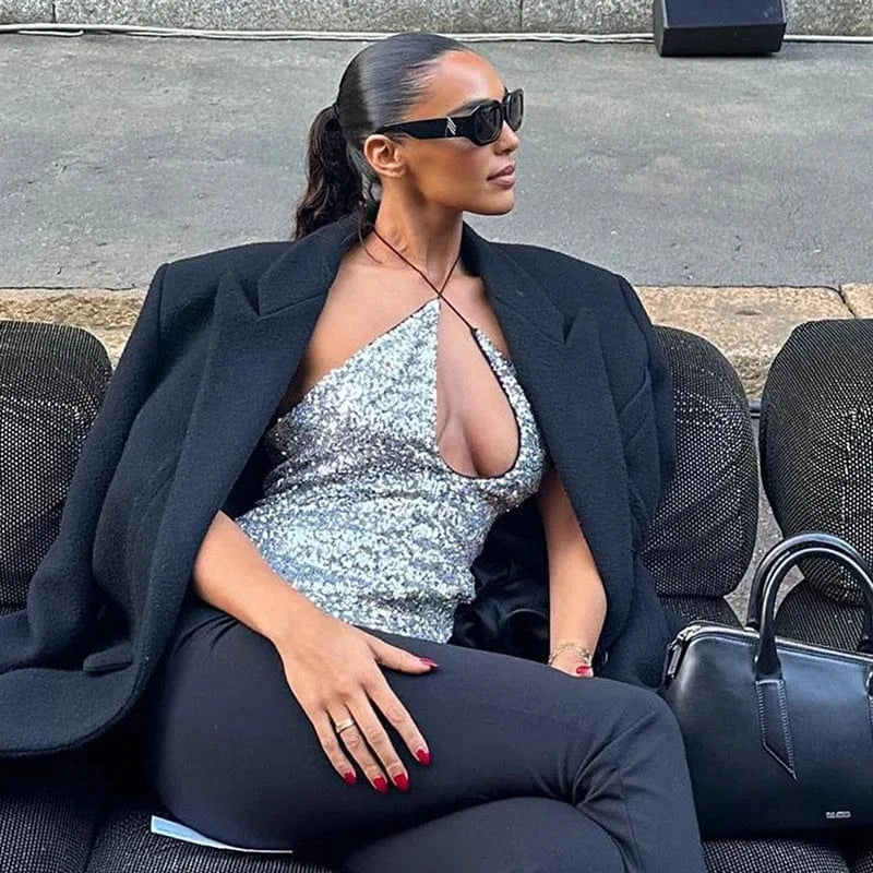 W-S1146A Sparkle Silver Sequin Tanks & Camis Sexy Party Night Club Backless Hollow Cross Halter Crop Top