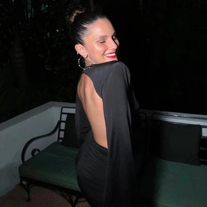 W-S1148A Sexy Black Short Dress Flower Applique Deep V Flare Sleeve Cut Out Backless Dresses Woman Party Club Outfits