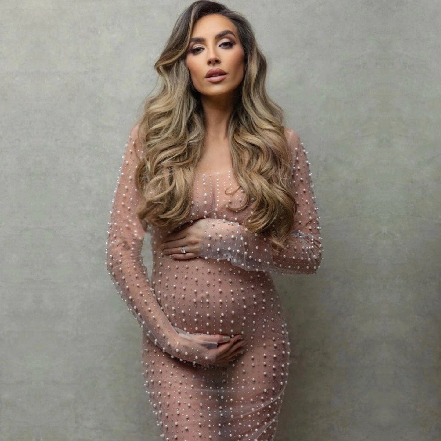 W-S1171A Rhinestone Mesh See Through Dress Lady Long Sleeve Transparent Bikini Cover Up Clubwear Fashion Sexy Sheer Dress