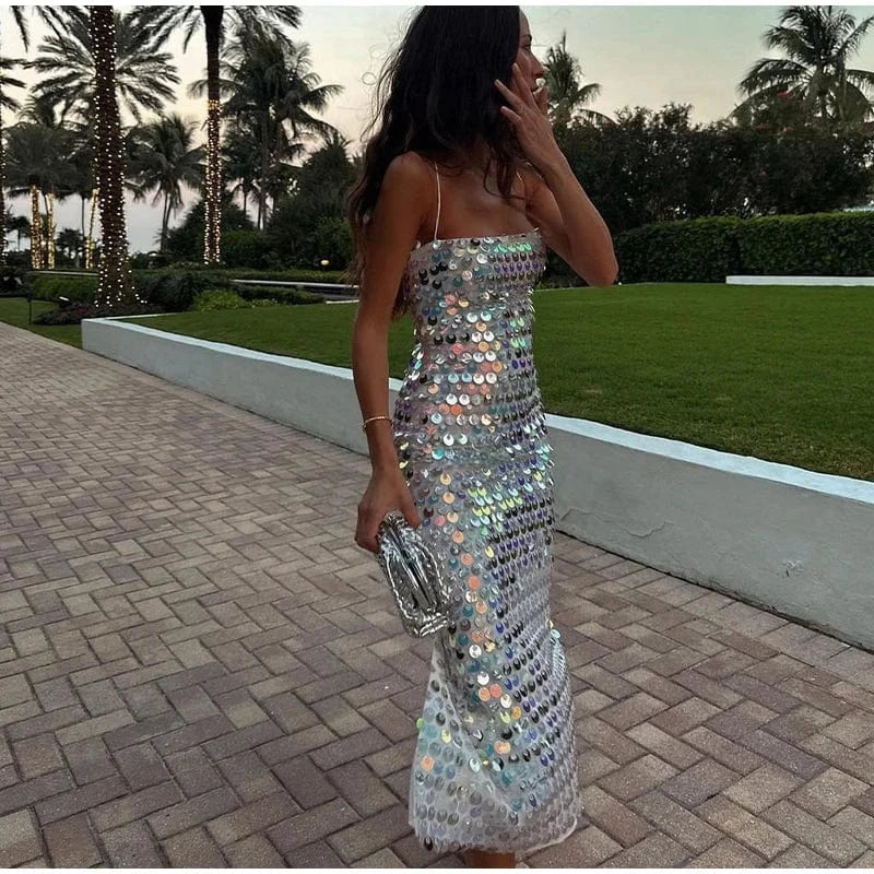 W-S1173A Sexy Backless Sequined Strap Tube Top Dress Solid Straight Long Vestidos Slip Evening Robe