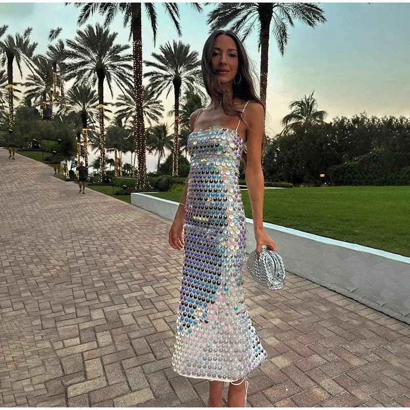 W-S1173A Sexy Backless Sequined Strap Tube Top Dress Solid Straight Long Vestidos Slip Evening Robe