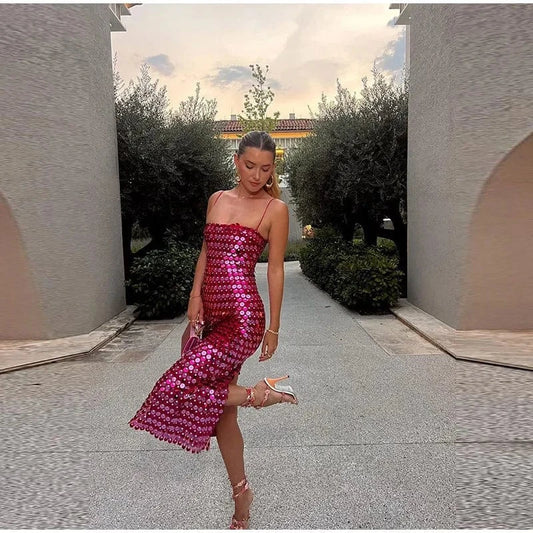 W-S1173A Sexy Backless Sequined Strap Tube Top Dress Solid Straight Long Vestidos Slip Evening Robe