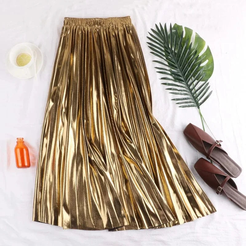 Waist 58-116cm,length 78cm, lining 51cm / Golden Women Vintage Long Pleated Solid Flared Midi Skirt Elegant Mid-Calf Empire Shiny Maxi Skirt EB333-1611-38
