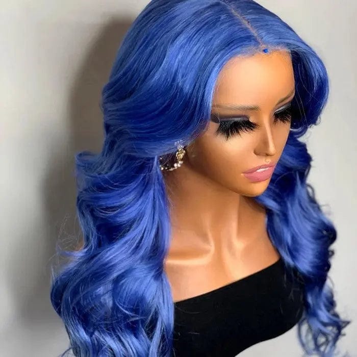 Wave Blue Highlight Color Brazilian Remy Hair Middle Part Cuticle Aligned 13*4 Transparent Lace Frontal Wig