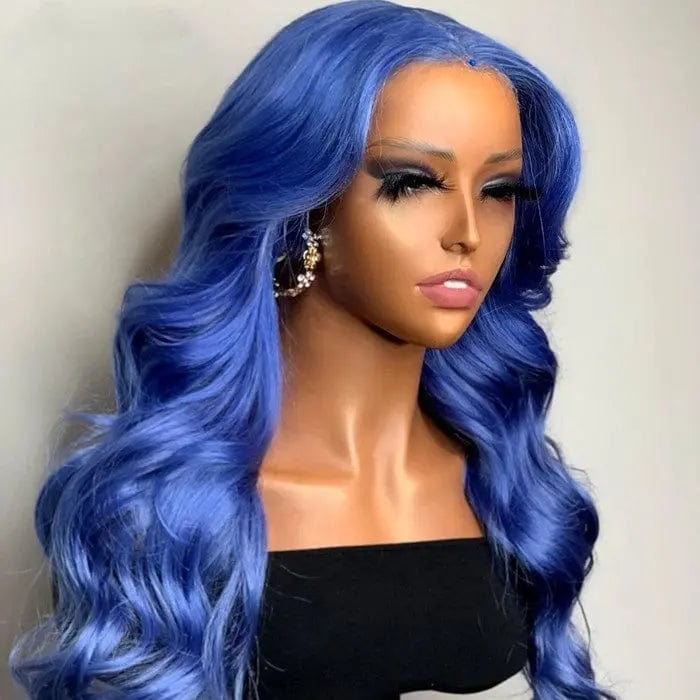 Wave Blue Highlight Color Brazilian Remy Hair Middle Part Cuticle Aligned 13*4 Transparent Lace Frontal Wig