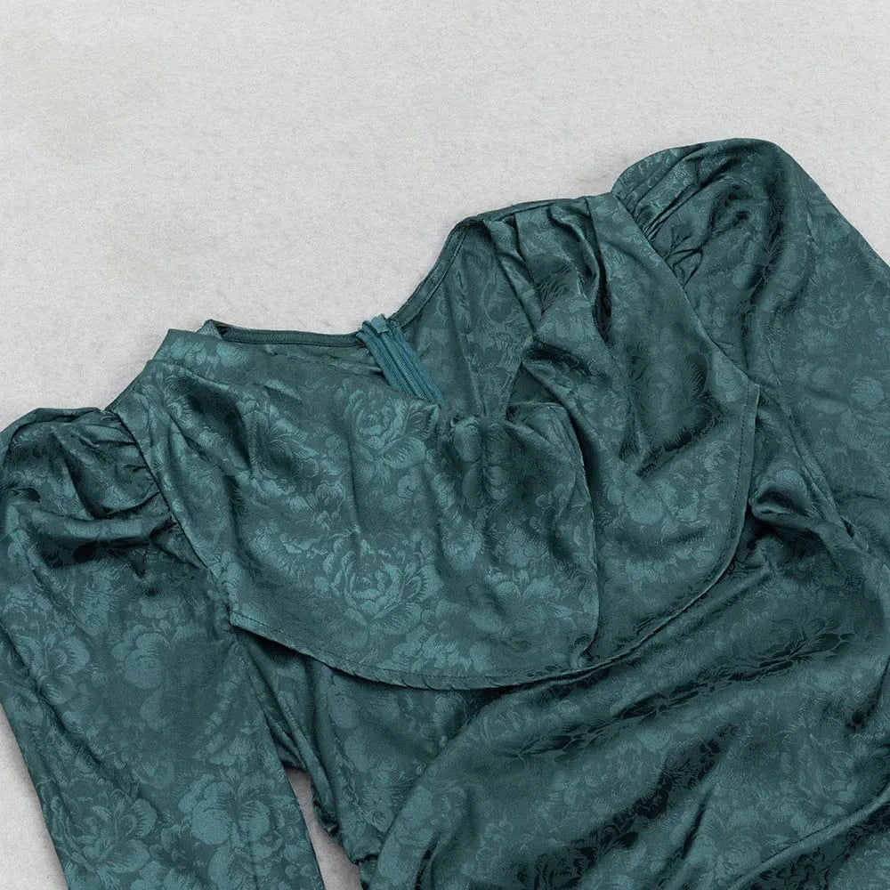 WBH0354 Luxury U Neck Green Woman Dress Autumn Puff Sleeve Pleat High Quality Elegant Evening Dresses Slim Vestidos for Woman