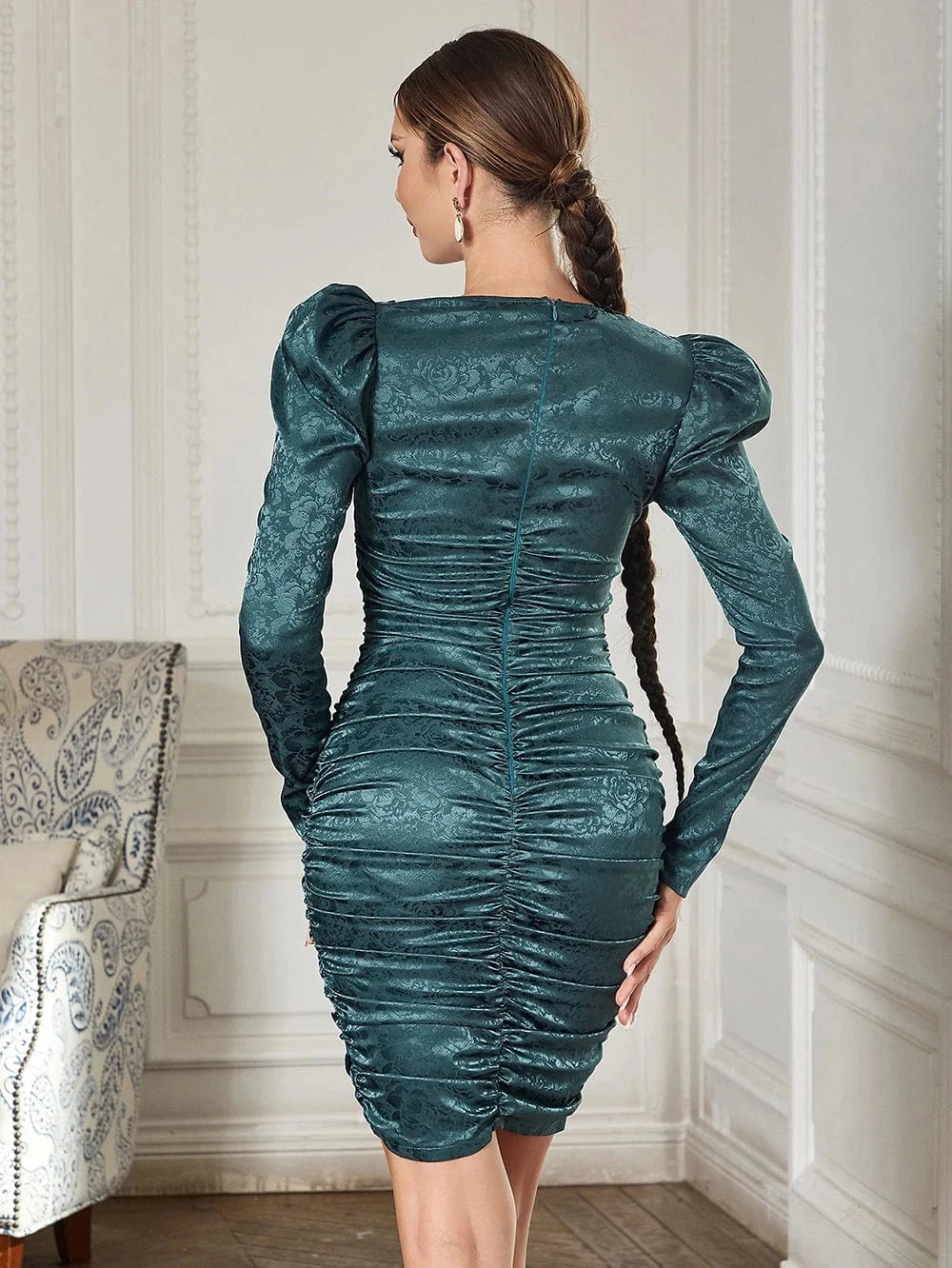 WBH0354 Luxury U Neck Green Woman Dress Autumn Puff Sleeve Pleat High Quality Elegant Evening Dresses Slim Vestidos for Woman