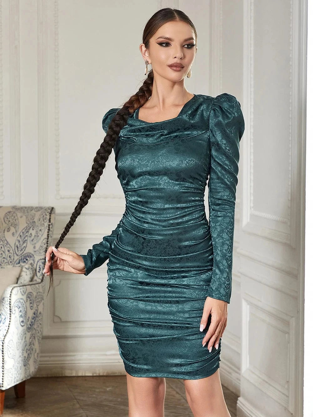 WBH0354 Luxury U Neck Green Woman Dress Autumn Puff Sleeve Pleat High Quality Elegant Evening Dresses Slim Vestidos for Woman