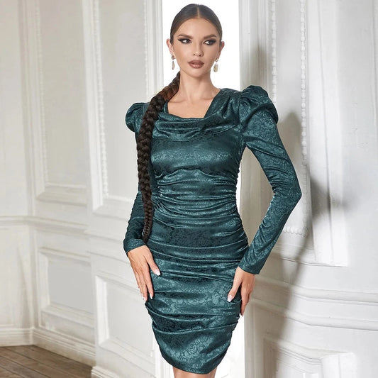 WBH0354 Luxury U Neck Green Woman Dress Autumn Puff Sleeve Pleat High Quality Elegant Evening Dresses Slim Vestidos for Woman