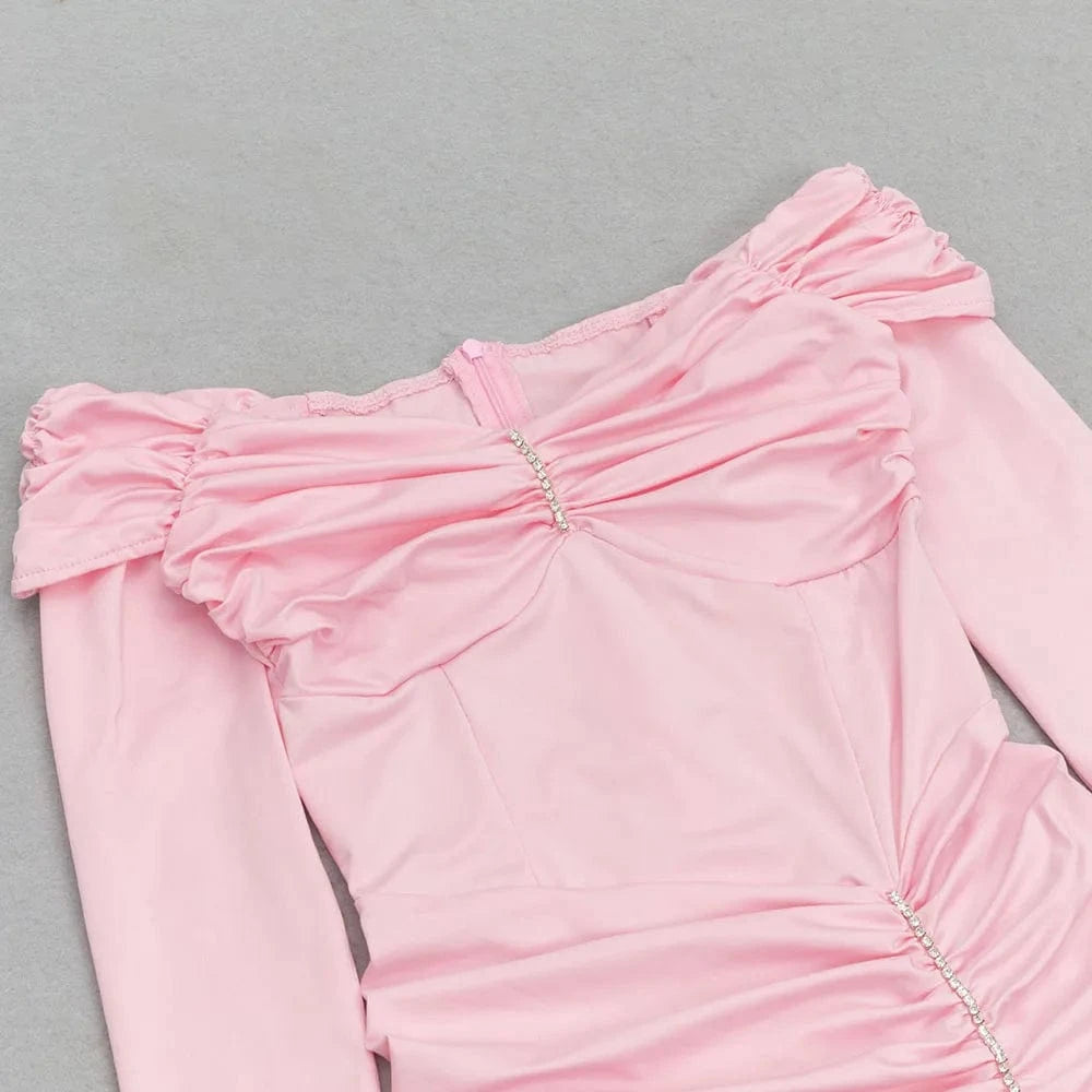 WBH0356 Elegant Pink Woman Dress off the Shoulder Crystal Pleat Evening Dresses Fashion Party Sexy Autumn Slim Long Vestidos