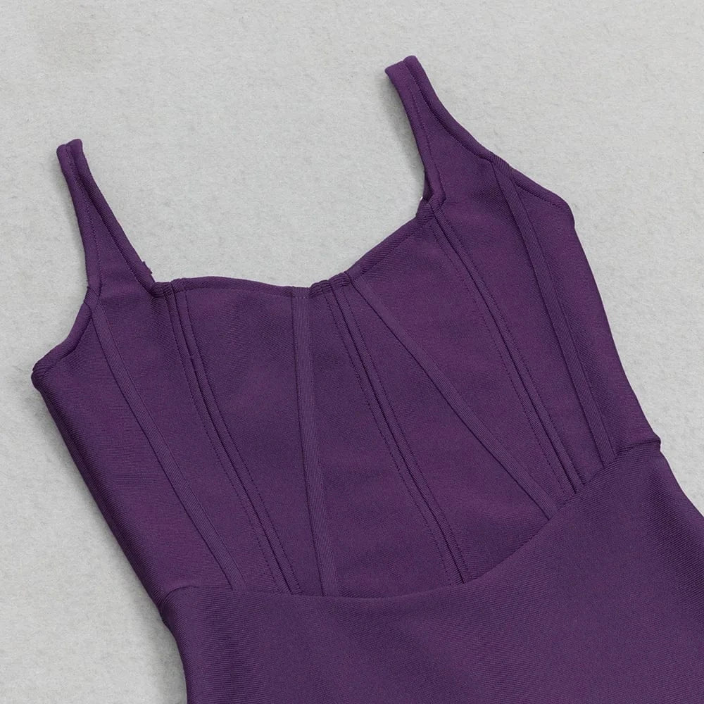 WDH0133 Casual Square Neck Spaghetti Strap Bandage Dress High Quality Elegant Party Vestidos Bodycon Purple Split Woman Dresses